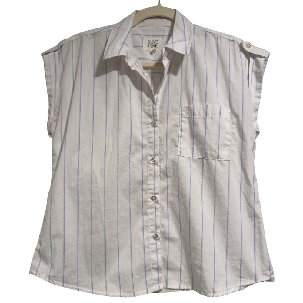 Olive and Oak Blue‎ White Striped Sleeveless Button Down Shirt 3W30469 Womens S